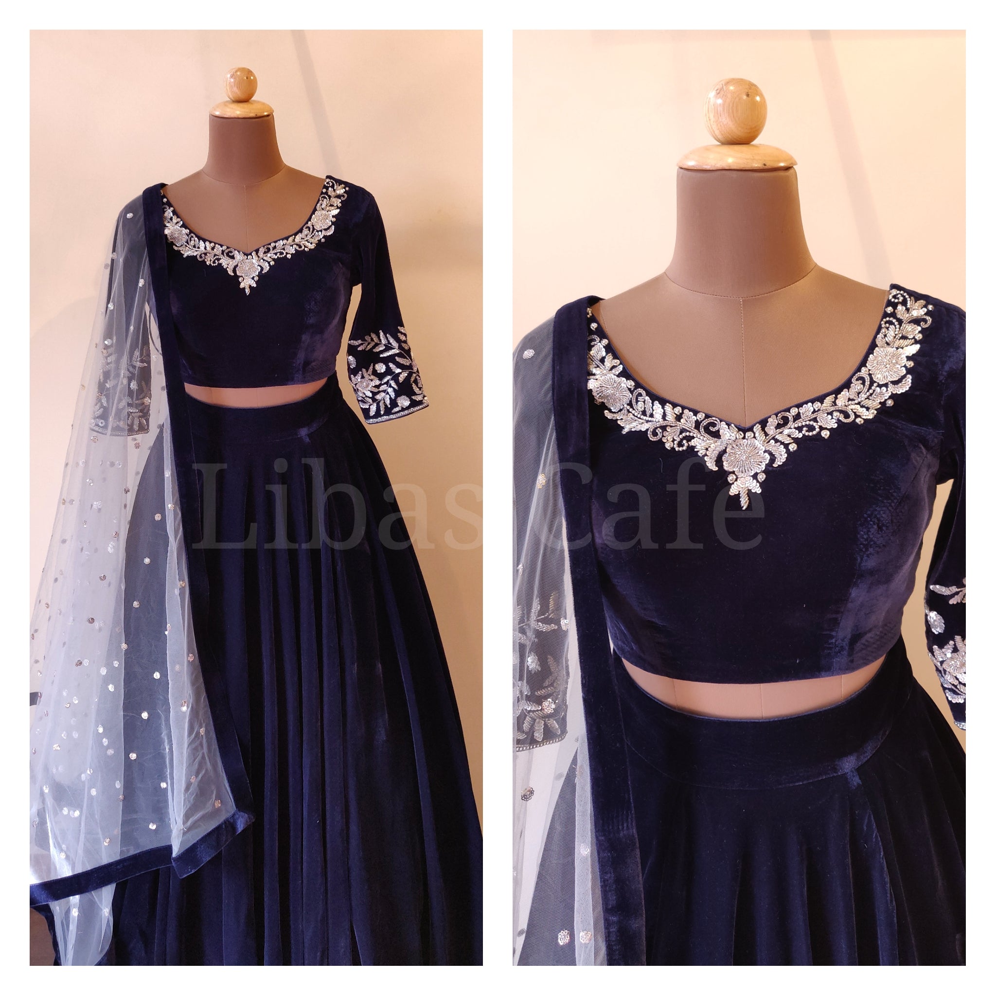 Navy Blue Velvet Lehenga